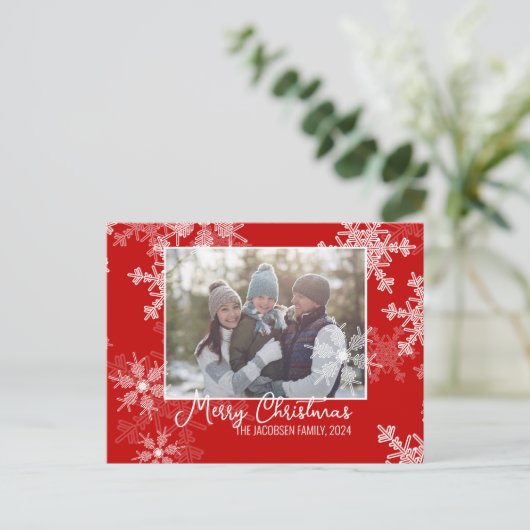 Rode Witte Vlokken Minimalistische Kerst Foto Feestdagenkaart (Staand voorkant)