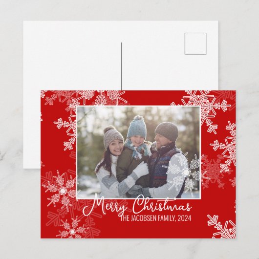 Rode Witte Vlokken Minimalistische Kerst Foto Feestdagenkaart (Voorkant / Achterkant)