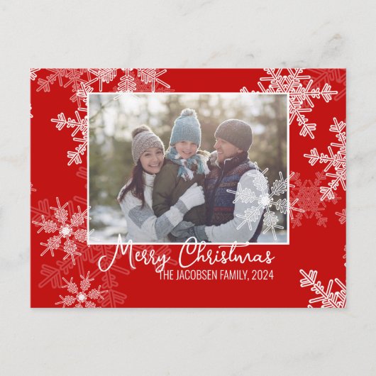 Rode Witte Vlokken Minimalistische Kerst Foto Feestdagenkaart (Voorkant)