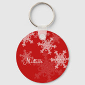 Rode Witte Vlokken Minimalistische Kerst Naam Sleutelhanger (Voorkant)