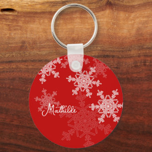 Rode Witte Vlokken Minimalistische Kerst Naam Sleutelhanger