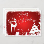 Rode, witte vrolijke kerstbomen & herten fotokaart feestdagenkaart (Voorkant / Achterkant)