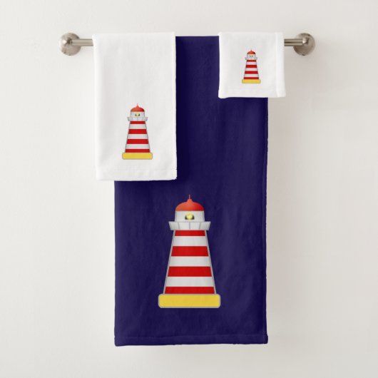 Rode & Witte Vuurtoren op Marineblauw & Wit Bad Handdoek (Insitu)