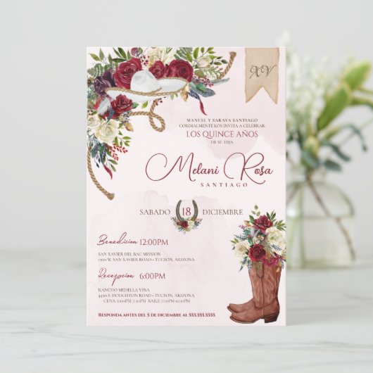 Rode Witte WinterRozen Charro Spaans Quinceanera Kaart (Staand voorkant)