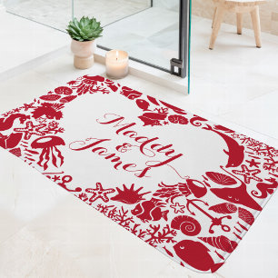 Rode & Witte Zeewezens Koppels Hart Monogram Badmat