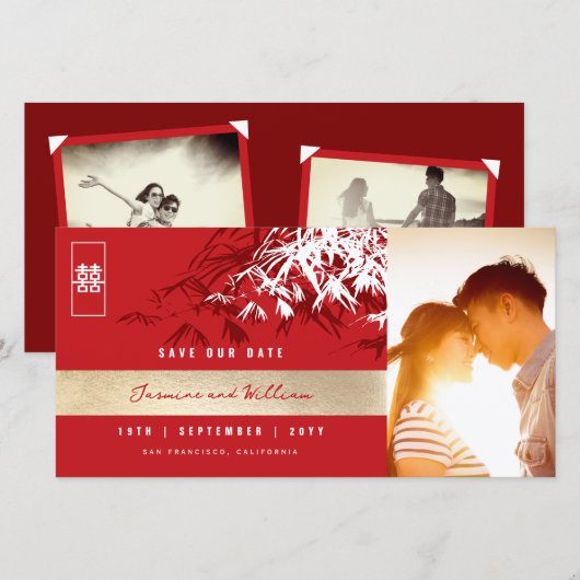 Rode Witte Zen Bamboe Bladeren Foto Chinese Huweli Save The Date (Voorkant / Achterkant)