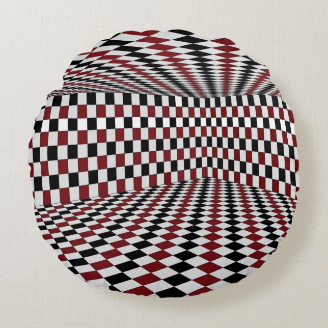 Rode Witte Zwarte Geruite Kamer Hoge Contrast Rond Kussen (Voorkant)