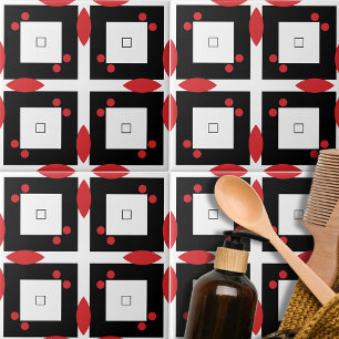 Rode witte zwarte Stippen en vierkantjes Geometris Tegeltje