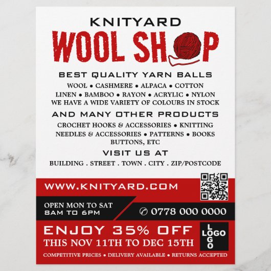 Rode wol Winkel, Knitting Store, Garnenwinkel Flyer (Voorkant)