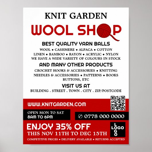Rode wol Winkel, Knitting Store, Garnenwinkel Poster (Voorkant)