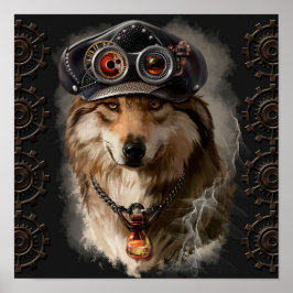 Rode wolf in een steampunk-pet poster