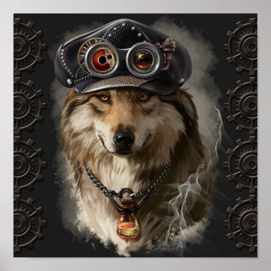 Rode wolf in een steampunk-pet poster (Voorkant)