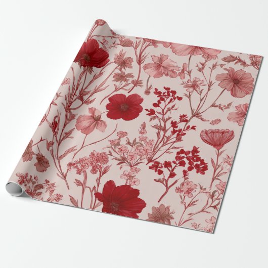 Rode Zachte Roze Ditsy Bloem Pastel Boho 70s Vinta Cadeaupapier (Uitgerold)