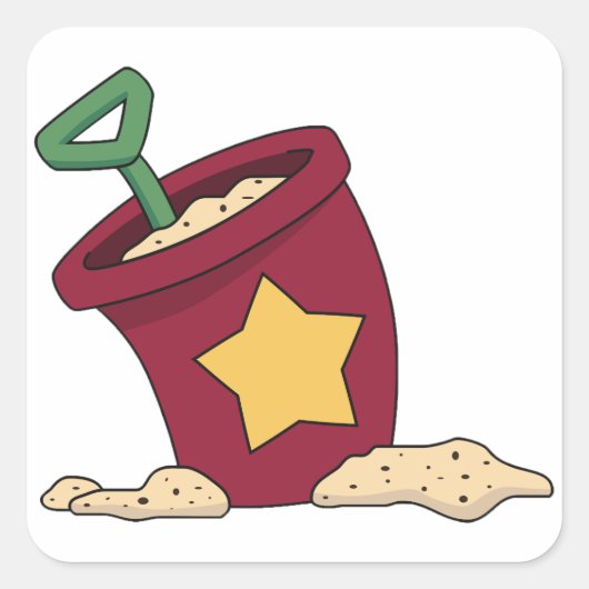 Rode zandemmer met ster en schep vierkante sticker (Voorkant)