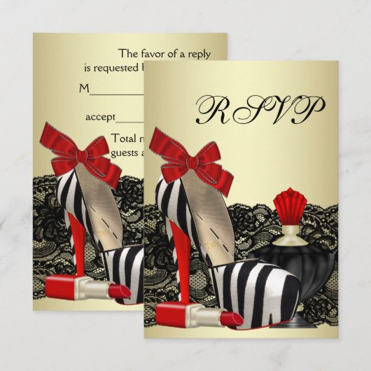 Rode Zebra Hoge Hak Schoenen Rode Zebra Party RSVP Kaartje (Voorkant / Achterkant)