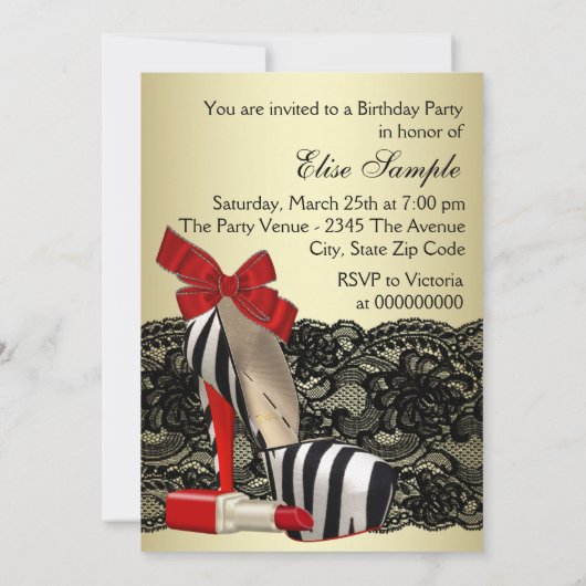 Rode Zebra Hoge Hakken Schoenen Rode Zebra Feestje Kaart (Achterkant)