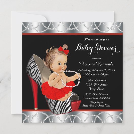 Rode Zebra Pearl Tutu Hoge Hak Schoen Baby shower Kaart (Voorkant)