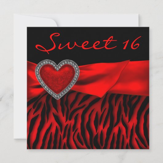 Rode zebra rode hart Sweet 16-feest Kaart (Voorkant)