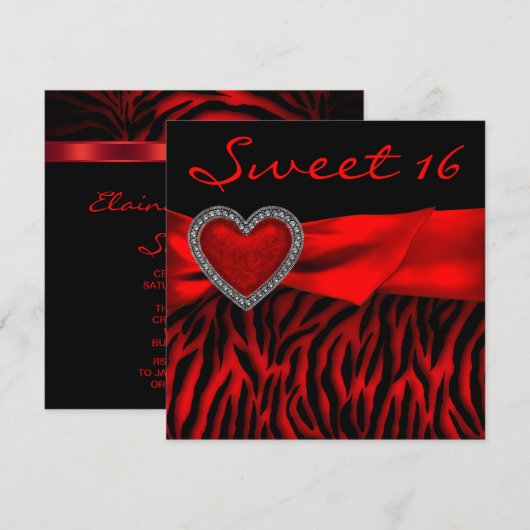 Rode Zebra Rode Hart Sweet 16 Party Kaart (Voorkant / Achterkant)