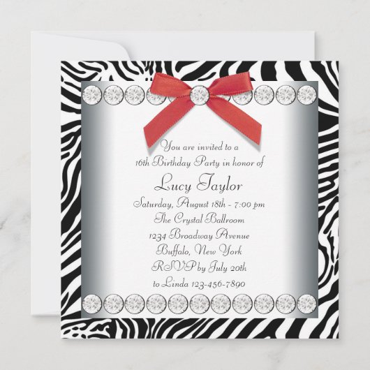 Rode Zebra Sweet 16 verjaardagsfeestje Kaart (Achterkant)