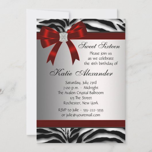 Rode Zebra Sweet Sixteen verjaardagsfeestje Kaart (Voorkant)