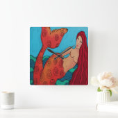 Rode Zeemeermin Abstracte Kunst Vierkante Wandklok (Huis)