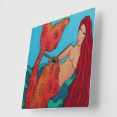 Rode Zeemeermin Abstracte Kunst Vierkante Wandklok (Hoek)