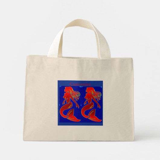 rode zeemeermin op blauw mini tote bag (Achterkant)