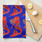 rode zeemeermin op blauwe keukenhanddoek (Quarter Fold)