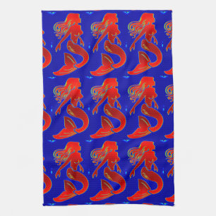 rode zeemeermin op blauwe keukenhanddoek
