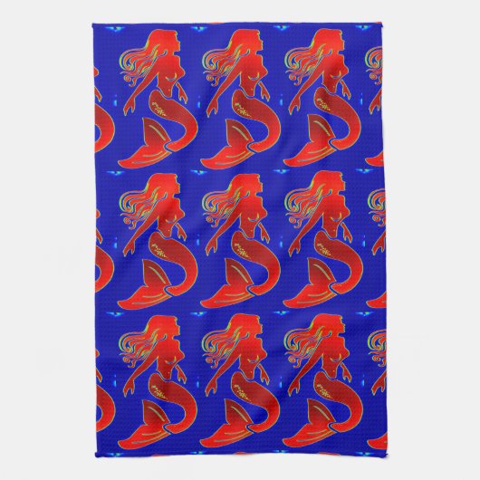rode zeemeermin op blauwe keukenhanddoek (Verticaal)