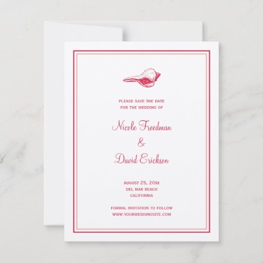 Rode zeeschelp trouwkaart aankondiging save the da (Voorkant)