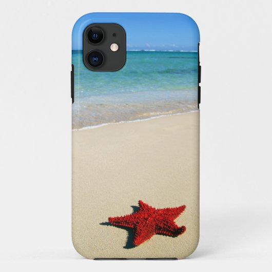 Rode zeester op witte zandband Case-Mate iPhone case (Achterkant)