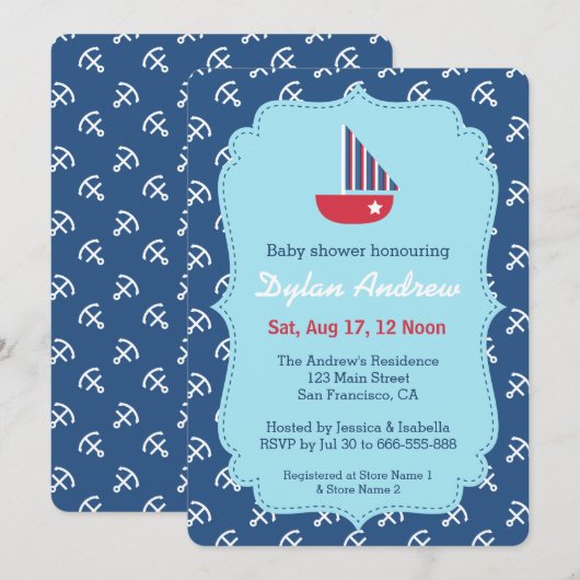 Rode Zeevaart het baby showeruitnodigingen van de Kaart (Voorkant / Achterkant)