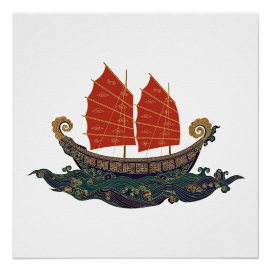 Rode Zeil Junk Boot Chinese Schat Schip Perfect Poster (Voorkant)