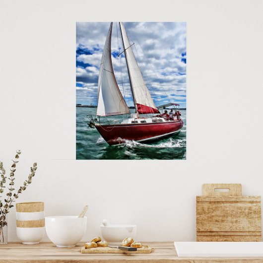 Rode zeilboot, blauwe hemel, groen Zee Poster (Keuken)