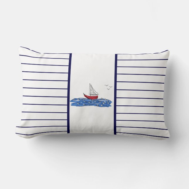 Rode Zeilboot Golven Meeuwen Zee Cushion Kussen (Voorkant)