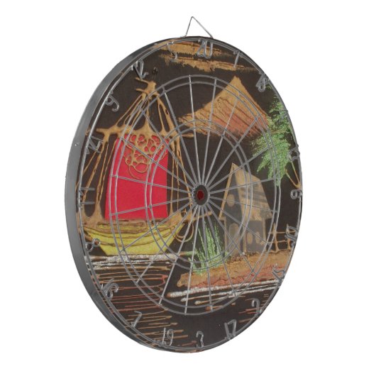 Rode Zeilboot Landschap Olie Schilderij Art Print Dartbord (Voorkant Links)