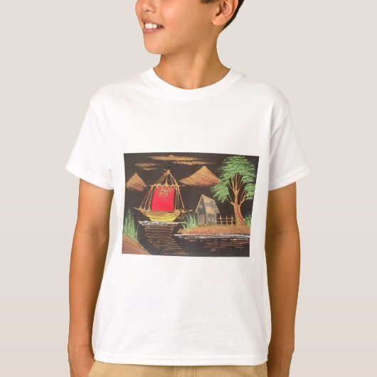 Rode Zeilboot Landschap Olie Schilderij Art Print T-shirt (Voorkant)