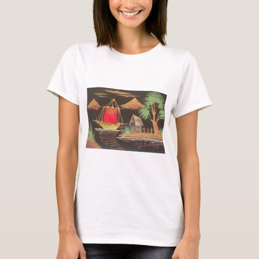 Rode Zeilboot Landschap Olie Schilderij Art Print T-shirt (Voorkant)