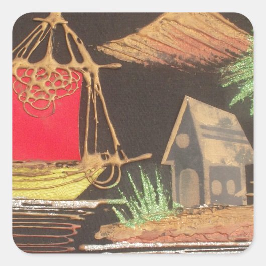 Rode Zeilboot Landschap Olie Schilderij Art Print Vierkante Sticker (Voorkant)