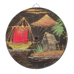 Rode zeilboot landschap olieverfschilderij kunstpr dartbord