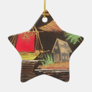 Rode zeilboot landschap olieverfschilderij kunstpr keramisch ornament