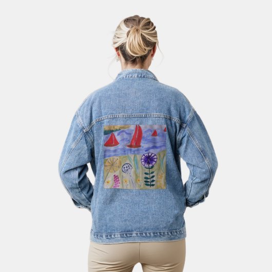 Rode zeilen en bloemen denim jacket (Model)