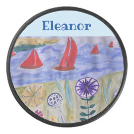 Rode zeilen en bloemen hockey puck