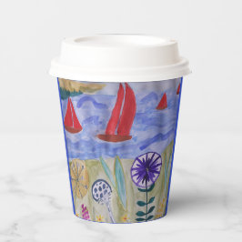 Rode zeilen en bloemen papieren bekers