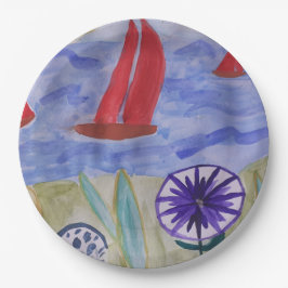 Rode zeilen en bloemen papieren bordje