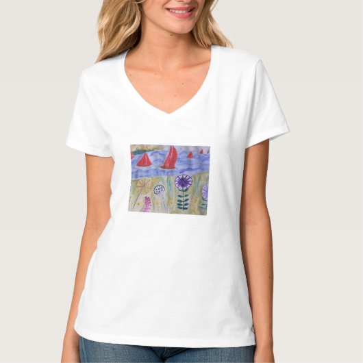 Rode zeilen en bloemen t-shirt (Voorkant)