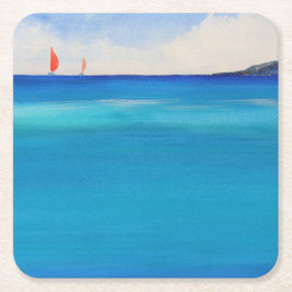 Rode zeilen op blauw water, Waterverf schilderen Kartonnen Onderzetters