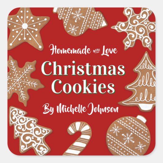 Rode zelfgemaakte kerstkoekjes vierkante sticker (Voorkant)